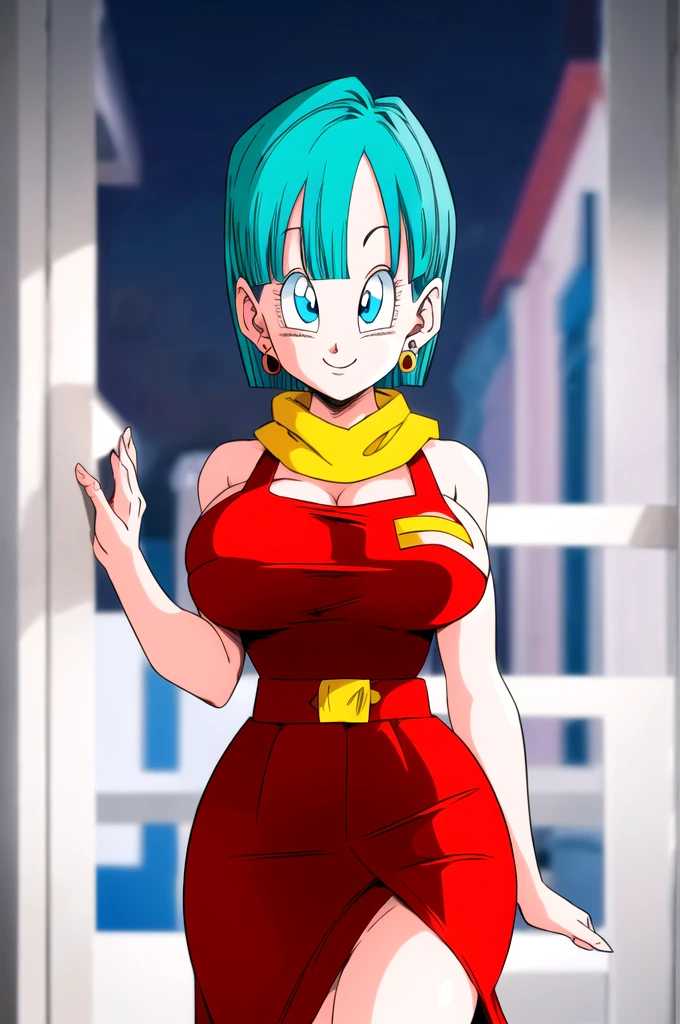 masterpiece, 1080i quality, highest quality, (perfect illumination), perfect anatomy, perfect face, perfect eyes, 
 bulmadbzreddress, aqua hair, short hair,  blue eyes, earrings, red dress, yellow scarf, black watch, skirt from behind, grinning, 1girl, alone, big breast, big ass, sexy anatomy, sexy body,