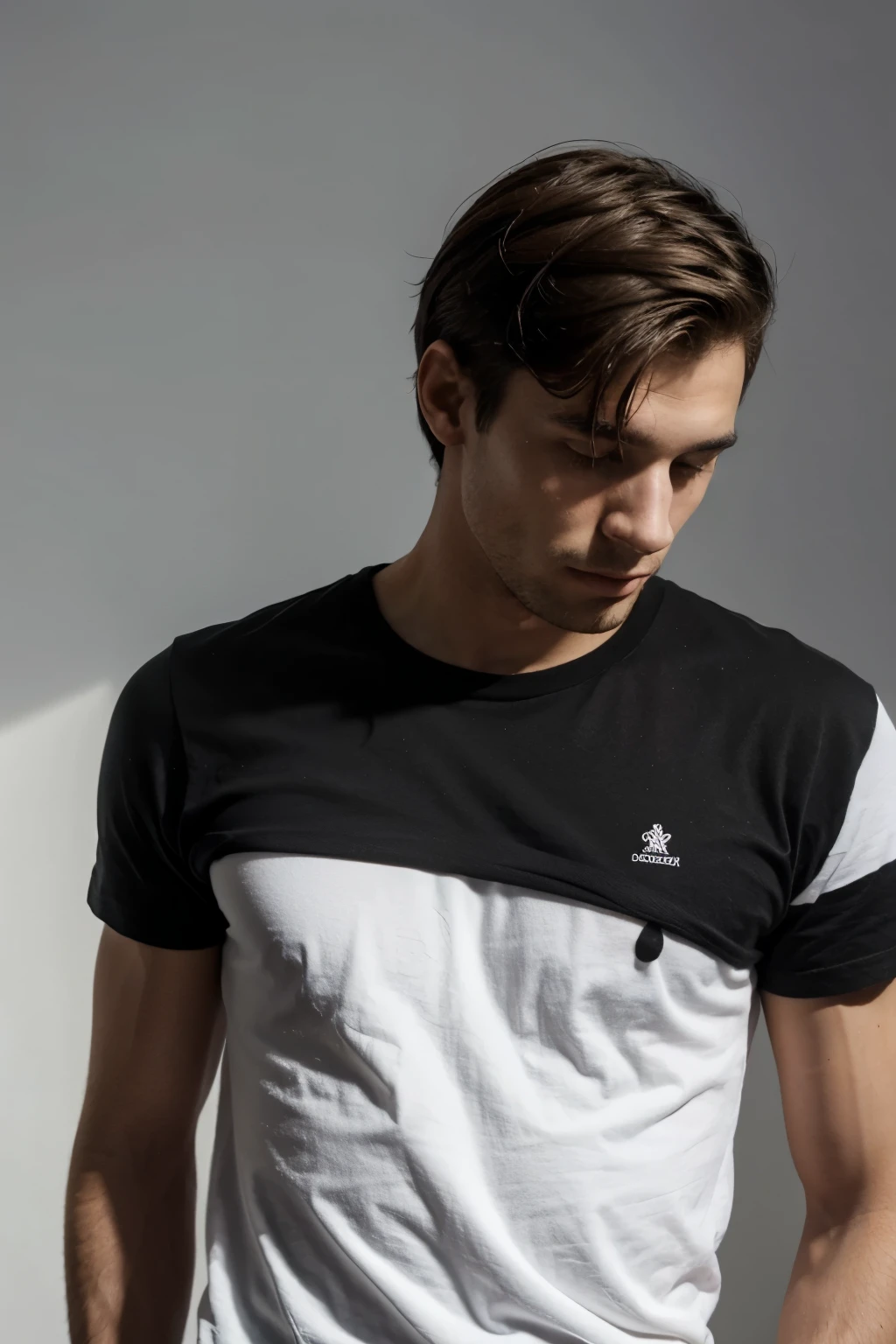 un homme de 23 ans, qui porte un t-shirt noir, dans une pièce blanche, il à l'air de s'amuser, c'est pour une photo de profil