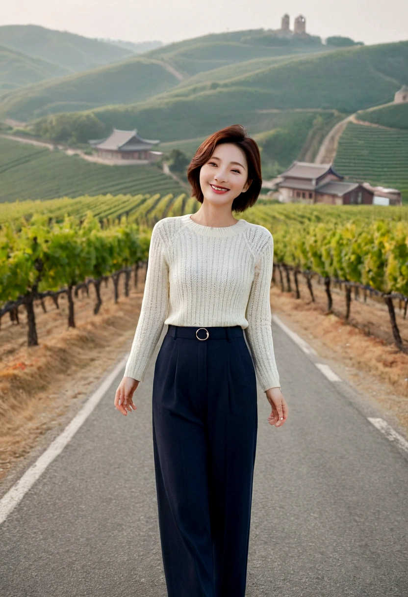 8k best picture quality, Beautiful 36-year-old Korean woman, I have good skin and clear and pretty eyes.. clear and nice weather. Chest size 34 inches, italian countryside, past the vineyard, The cathedral is visible in the fog in the distance., The back background is realistic and vivid image quality, Short and medium hair blowing in the wind, Wearing high-end luxury knitwear. casual pants, Hold both hands in front and smile. the background is clear, Short and slim Korean woman, stand far away, Full-body photo taken with a wide-angle lens, Standing on the road overlooking the vineyards. 1 woman