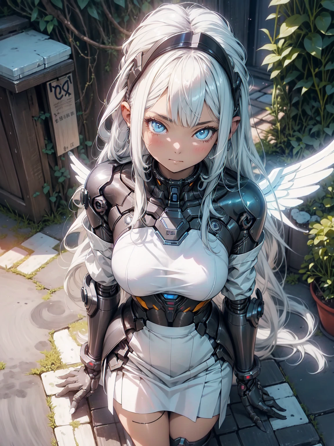 (Subtle manga style:1.1), Cool Beauty, (One Woman:1.0), (20-year-old:1.0), (Small breasts:1.2), Outdoor, Day, sunny, Outdoorで飛ぶ, Over European cities, (Wide Shot:1.0), (Written boundary depth:1.1), (~ ~ ~ ~ ~ side:0.7), (From above:1.0), Blake、(Anime Face:1.0), (Clear blue eyes:1.0), (Cybernetic Genoid:1.1), (Very detailed mech suit:1.3), (White Gothic Breastplate:1.2), (Long silver hair:1.0), (White Luxury Wizard Dress Skirt:1.3), (Decorative embroidery:1.0), (Angel Wings:1.1), Mouth closed