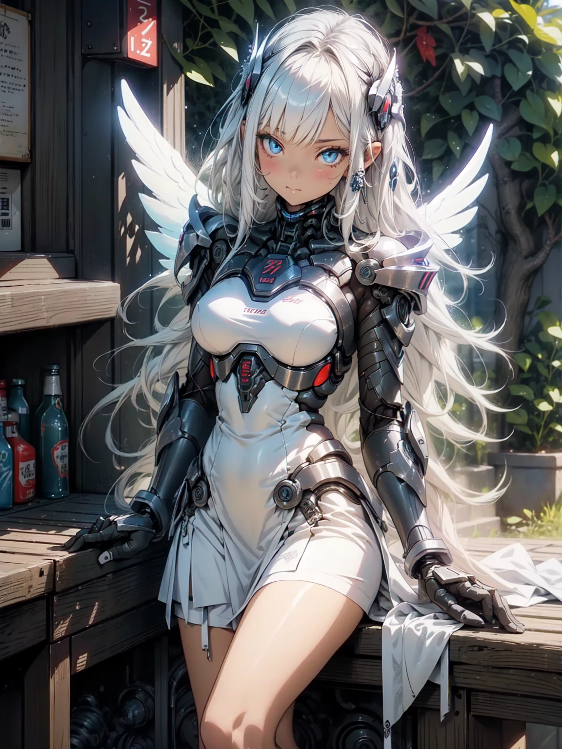 (Subtle manga style:1.1), Cool Beauty, (One Woman:1.0), (20-year-old:1.0), (Small breasts:1.2), Outdoor, Day, sunny, Outdoorで飛ぶ, Over European cities, (Wide Shot:1.0), (Written boundary depth:1.1), (~ ~ ~ ~ ~ side:0.7), (From above:1.0), Blake、（Anime Face:1.0), (Clear blue eyes:1.0), (Cybernetic Genoid:1.1), (Very detailed mech suit:1.3), (White Gothic Breastplate:1.2), (Long silver hair:1.0), (White Luxury Wizard Dress Skirt:1.3), (Decorative embroidery:1.0), (Angel Wings:1.1), Mouth closed
