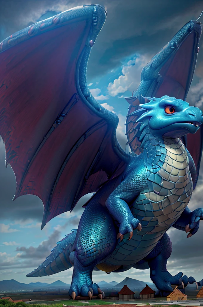 A massive, towering dragon with large wings and fierce eyes, soaring over a sprawling city below, against a cloudy, dramatic sky, (best quality,4k,8k,highres,masterpiece:1.2),ultra-detailed,(realistic,photorealistic,photo-realistic:1.37),highly detailed dragon scales, intricate city architecture, moody cloudy sky, dramatic lighting, cinematic composition