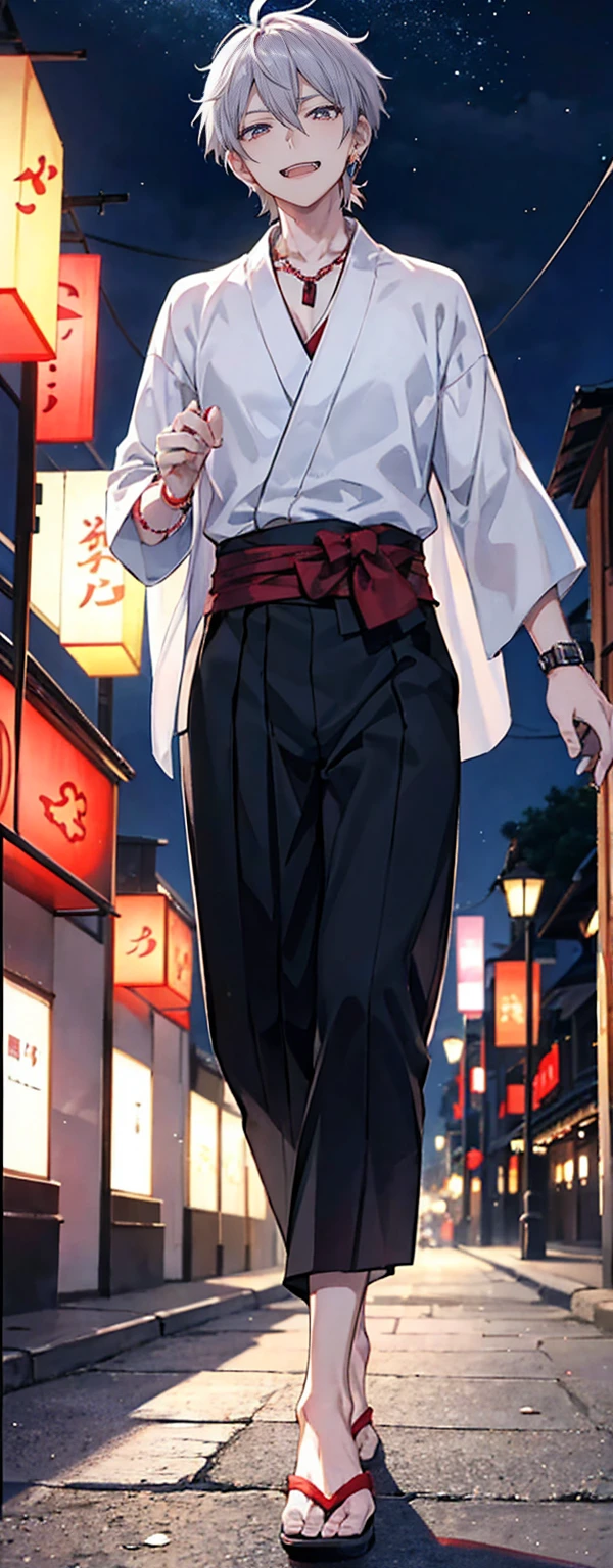 High resolution, High resolution,2D Anime Style,,Cool guy,Mature,,20th generation,short hair,Silver Hair,Red eyes,Beautiful Watches,Beautiful earrings,Beautiful Necklace,Black yukata,He is laughing a little,night,walking,festival