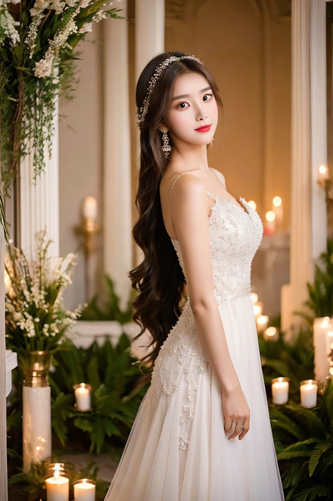 Generate an image of an extraordinarily beautiful 20-year-old Asian woman standing alone, whose beauty rivals that of a goddess of the fire element. She has large brown eyes, dark brown hair, glowing skin, and a captivating appearance. She is wearing a stunning white wedding dress that accentuates her elegance. The woman stands charmingly alone, her beauty appearing as if blessed by nature, in a very romantic and lovely aisle adorned with flowers and soft lighting, exuding a magical and serene atmosphere.