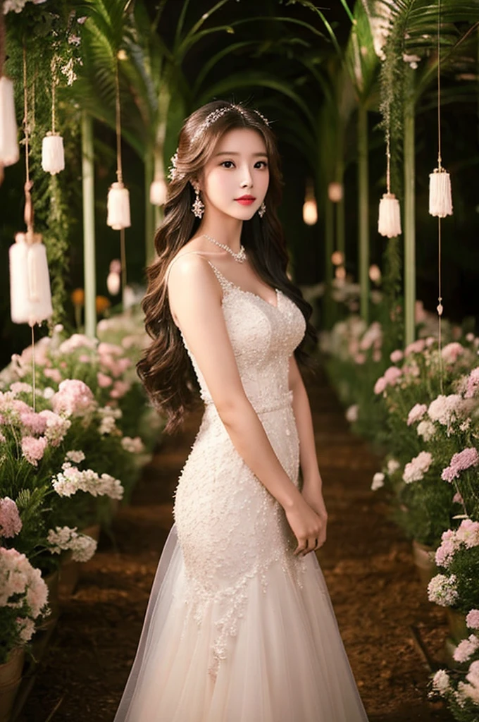Generate an image of an extraordinarily beautiful 20-year-old Asian woman standing alone, whose beauty rivals that of a goddess of the fire element. She has large brown eyes, dark brown hair, glowing skin, and a captivating appearance. She is wearing a stunning white wedding dress that accentuates her elegance. The woman stands charmingly alone, her beauty appearing as if blessed by nature, in a very romantic and lovely aisle adorned with flowers and soft lighting, exuding a magical and serene atmosphere.