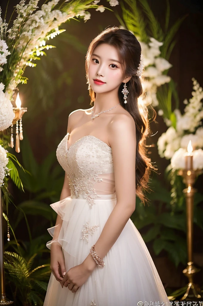 Generate an image of an extraordinarily beautiful 20-year-old Asian woman standing alone, whose beauty rivals that of a goddess of the fire element. She has large brown eyes, dark brown hair, glowing skin, and a captivating appearance. She is wearing a stunning white wedding dress that accentuates her elegance. The woman stands charmingly alone, her beauty appearing as if blessed by nature, in a very romantic and lovely aisle adorned with flowers and soft lighting, exuding a magical and serene atmosphere.