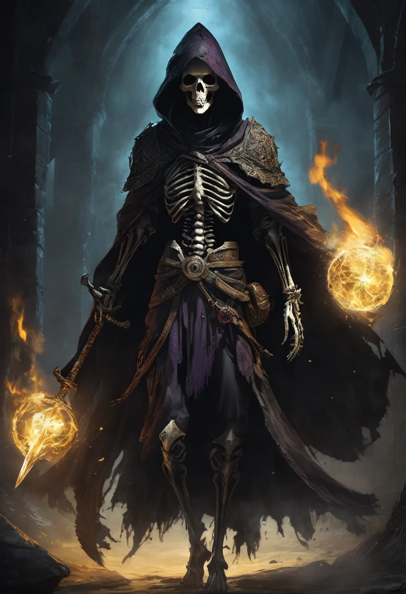 a skeletal necromancer wearing a tattered cloak with a hood, a magical spear made of bone in one hand, wearing a medallion with an eye, detailed skeletal face, detailed skeletal hands, dark fantasy, dramatic lighting, moody atmosphere, cinematic, intricate details, high quality, 8k, dark magic, gothic, fantasy, conceptart, dark and gritty, dramatic shadows, cinematic composition, dramatic pose, Dungeons and Dragons inspired.