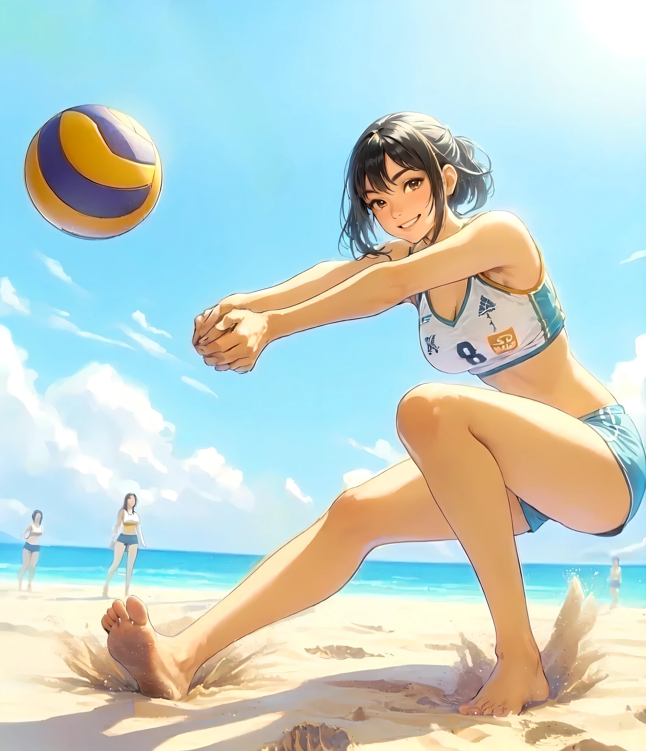 1lady solo, (jumping high) (right next to net), (looking up at ball), (swinging one arm to hit ball) spiking, (dynamic posing), (beach volleyball player), (uniform with company logo) cropped top, (mature female:0.8), /(black hair/) bangs, light smile, (teeth:0.8), (masterpiece best quality:1.2) delicate illustration ultra-detailed, medium breasts, (muscle:0.6) BREAK (sandy beach) outdoors, (beach volleyball court), (player's footprints), flying sand, blue sky, detailed background