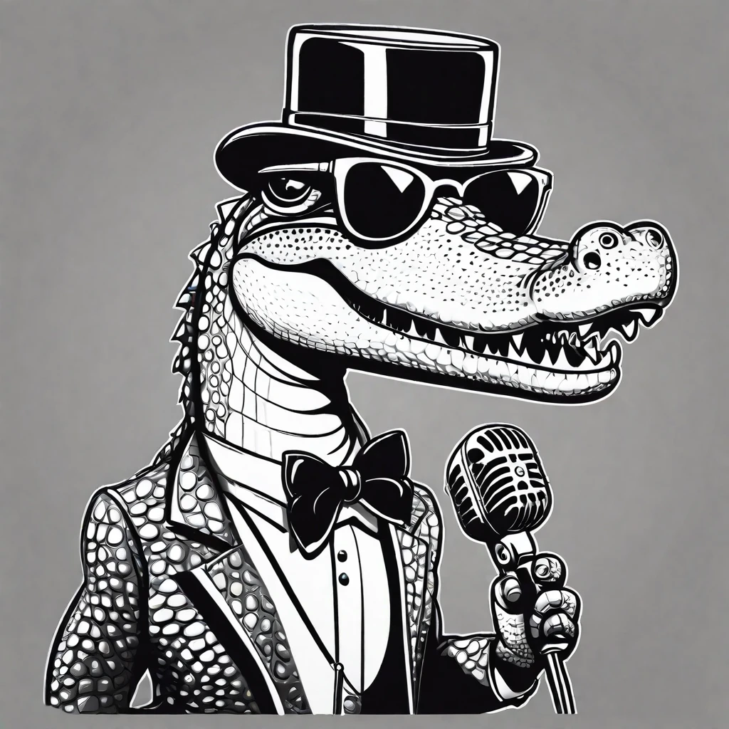Cartoon style
crocodile sings a song into a microphone.
he wears sunglasses.
monochrome
The microphone is a large retro one and a stand type
Put on your sunglasses
Small top hat
