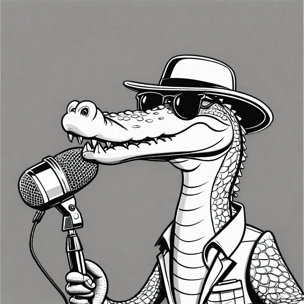 
Cartoon style 
crocodile sings a song into a microphone. 
he wears sunglasses.
monochrome
The microphone is a large retro one and a stand type
Put on your sunglasses
Small top hat