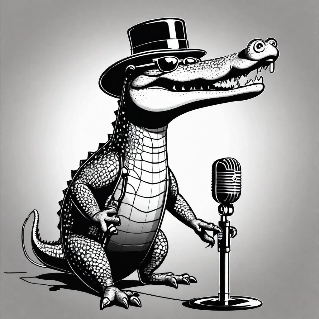 Cartoon style
crocodile sings a song into a microphone.
he wears sunglasses.
monochrome
The microphone is a large retro one and a stand type
Put on your sunglasses
Small top hat