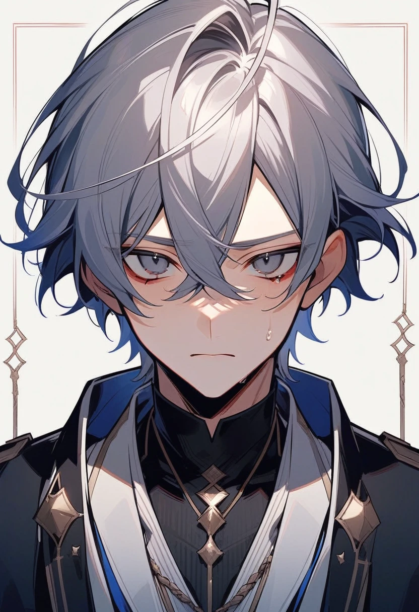 [1 man,half body,look at the viewer,cry for,Make a sad face,Emotionless,Gray hair,dark eyes,