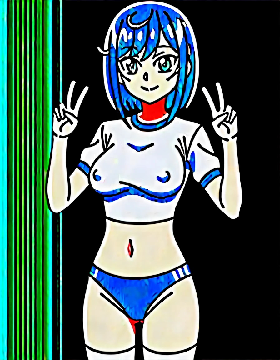 score_9, score_8_up, score_7_up, score_6_up, score_5_up, score_4_up, BREAK, source_anime, anime screencap, anime coloring, 1girl, solo, perfect anatomy, Fuwa Kokone, blue hair, medium hair, green eyes, lite smile, looking at viewer, navel, (skintight, very tight gym uniform, short sleeves, white shirt, shirt-in, under sized micro blue buruma, zettai ryouiki white thighhighs), sagging huge_breasts, tarechichi, erect nipples, thigh gap, indoor, double v, standing, skinny, (unshaven hairy natural public hair:1.3)