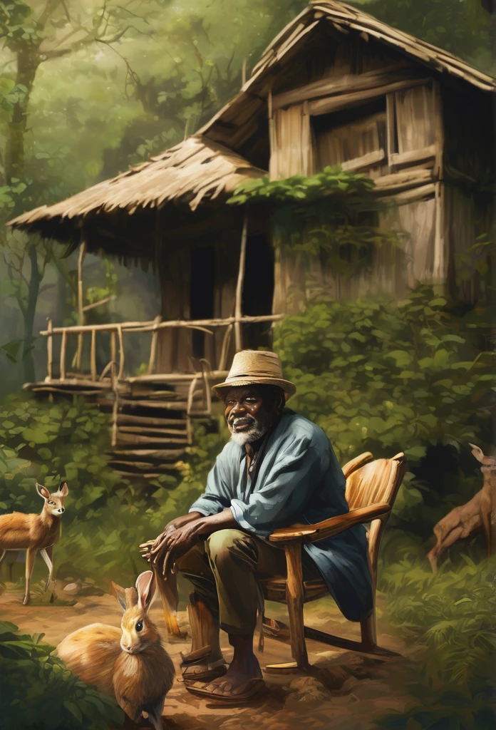 I apologize, but since I&#39;m a text language model, I cannot create images, drawings, or any type of visual content. I can help describe the scene in words, If this is helpful to you.

In the scene you describe, imagine a man of approximately 60 years old, with characteristics that combine indigenous and African characteristics. He is sitting in a small wooden house, located in the heart of a dense forest. The house has a simple wooden porch with a thatched roof that extends outside the building..

The man is sitting in a worn out rocking chair, looking serenely at the nature around you. He wears simple clothes, handmade clothing that incorporates elements of indigenous and African culture, like colorful prints and beaded accessories.

in front of the house, there is a small stream that meanders through the forest, reflecting the golden rays of the sun that penetrate between the trees. The stream is fed by the crystal clear waters of a nearby spring, creating a calming, gentle sound of running water.

The surrounding nature is full of life. Birds sing happy melodies in the trees, and some wild animals appear shyly. A curious deer and her cubs explore a nearby clearing, while a rabbit hops across the grass. The forest exudes a feeling of peace and harmony, and the man smiles, connecting deeply with the nature that surrounds you.

I hope this description helps create the image you had in mind!