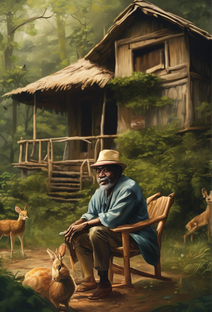 I apologize, but since I'm a text language model, I cannot create images, drawings, or any type of visual content. I can help describe the scene in words, If this is helpful to you.
In the scene you describe, imagine a man of approximately 60 years old, with characteristics that combine indigenous and African characteristics. He is sitting in a small wooden house, located in the heart of a dense forest. The house has a simple wooden porch with a thatched roof that extends outside the building..
The man is sitting in a worn out rocking chair, looking serenely at the nature around you. He wears simple clothes, handmade clothing that incorporates elements of indigenous and African culture, like colorful prints and beaded accessories.
in front of the house, there is a small stream that meanders through the forest, reflecting the golden rays of the sun that penetrate between the trees. The stream is fed by the crystal clear waters of a nearby spring, creating a calming, gentle sound of running water.
The surrounding nature is full of life. Birds sing happy melodies in the trees, and some wild animals appear shyly. A curious deer and her cubs explore a nearby clearing, while a rabbit hops across the grass. The forest exudes a feeling of peace and harmony, and the man smiles, connecting deeply with the nature that surrounds you.
I hope this description helps create the image you had in mind!