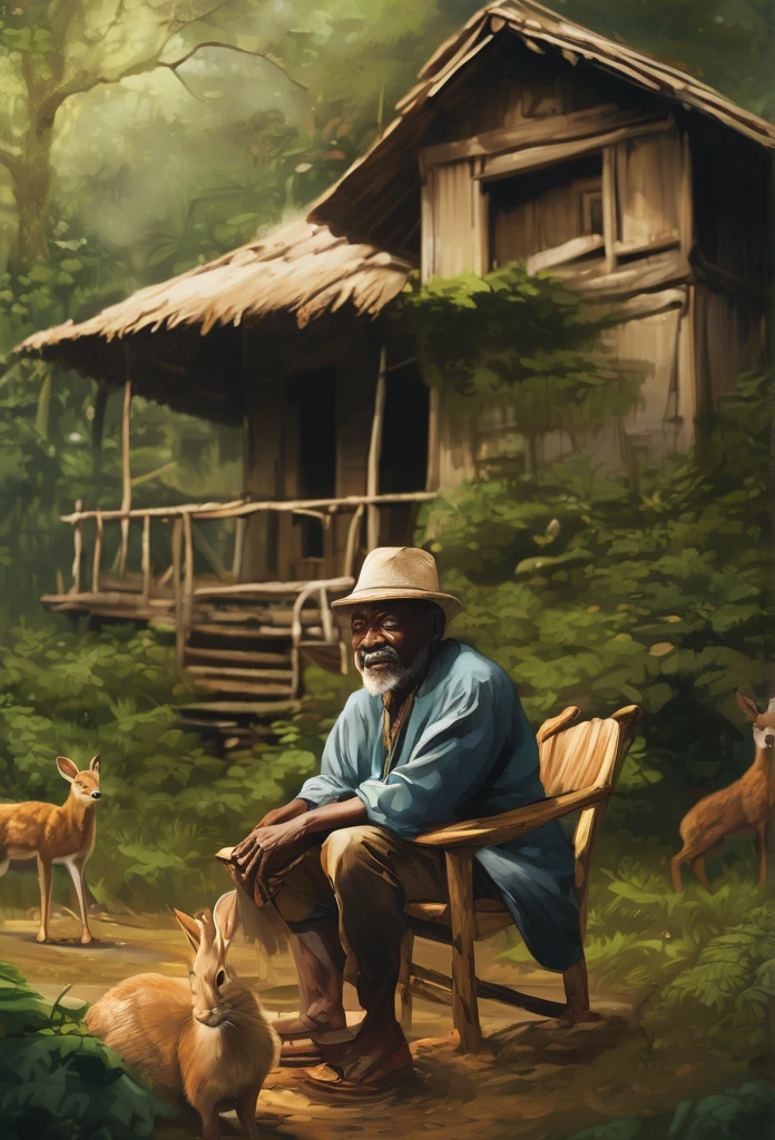 I apologize, but since I'm a text language model, I cannot create images, drawings, or any type of visual content. I can help describe the scene in words, If this is helpful to you.
In the scene you describe, imagine a man of approximately 60 years old, with characteristics that combine indigenous and African characteristics. He is sitting in a small wooden house, located in the heart of a dense forest. The house has a simple wooden porch with a thatched roof that extends outside the building..
The man is sitting in a worn out rocking chair, looking serenely at the nature around you. He wears simple clothes, handmade clothing that incorporates elements of indigenous and African culture, like colorful prints and beaded accessories.
in front of the house, there is a small stream that meanders through the forest, reflecting the golden rays of the sun that penetrate between the trees. The stream is fed by the crystal clear waters of a nearby spring, creating a calming, gentle sound of running water.
The surrounding nature is full of life. Birds sing happy melodies in the trees, and some wild animals appear shyly. A curious deer and her cubs explore a nearby clearing, while a rabbit hops across the grass. The forest exudes a feeling of peace and harmony, and the man smiles, connecting deeply with the nature that surrounds you.
I hope this description helps create the image you had in mind!