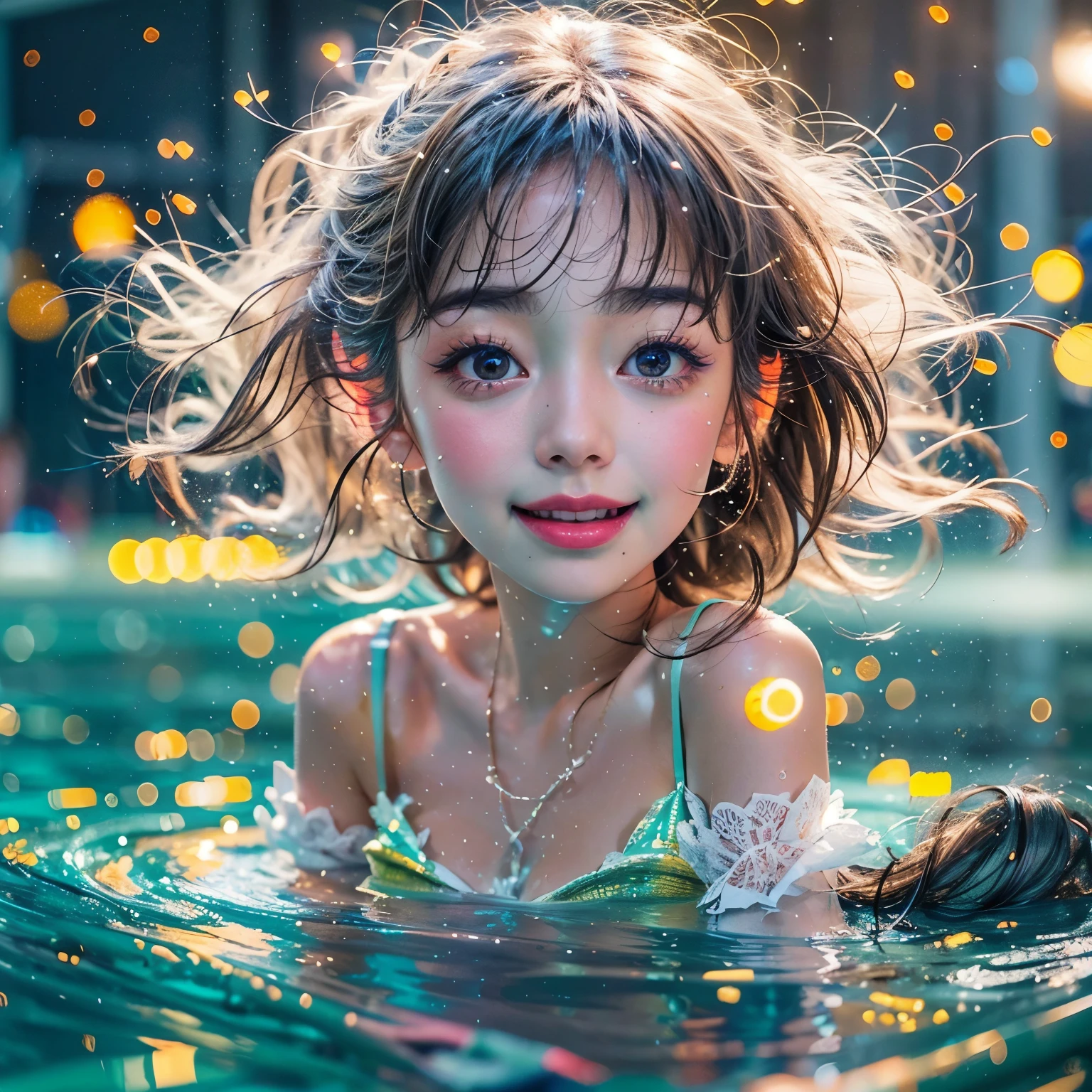 (8K TopQuality masterpiece: 1.2)(Realistic ProfessionalPhoto:1.37), VolumetricLighting. Tiny Girls, girl jumping into the water、Falling、splash water、shout、Luminous water surface、White and Bright colors, back lighting, Radiant PearlSkin, sparkling highlights, Detailed KAWAII face with cute lips, long eyelashes, Delicate clothes, Detailed open crotch