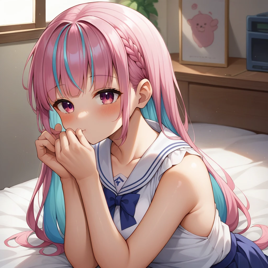 score_9, score_8_wonderful, anime, NSFW Hololive,Minato Akua, Pink hair, smelling one&#39;s own armpits, smelly armpits, huge butt, easy-to-give-birth body type, armpit hair, toilet, disgusted face, crying face, panties aside, pussy, pussy juice, 1boy kiss, vaginal penis, fat man, creampie, restraint, huge breasts