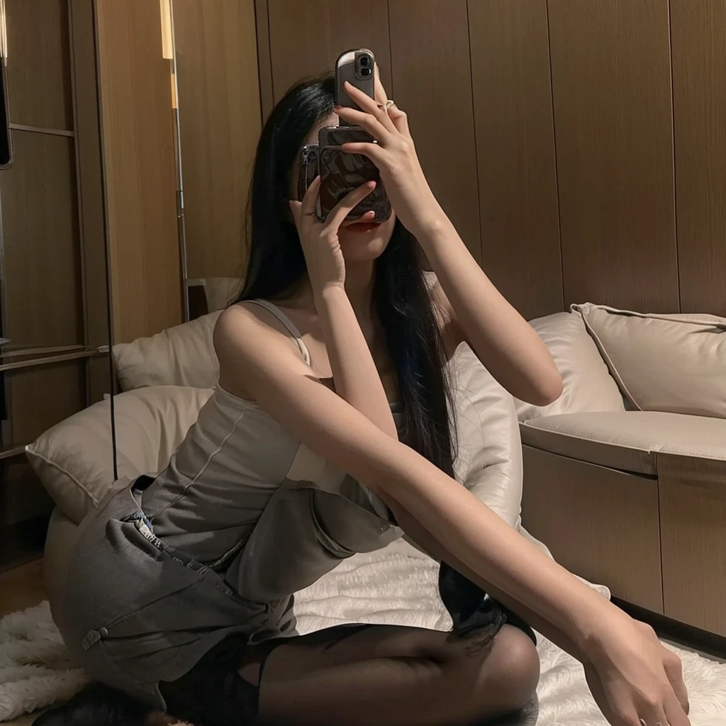 Selfie photos,Mobile phone mirror selfie,indoor,Inside the room,A beautiful beautiful Asian woman,Realistic fair skin color,156 cm,46KG,34C cupz Her mid-length hair is loose and lazy around her shoulders,Wearing a close-fitting white low-cut short-sleeved top,black shorts:1.2,