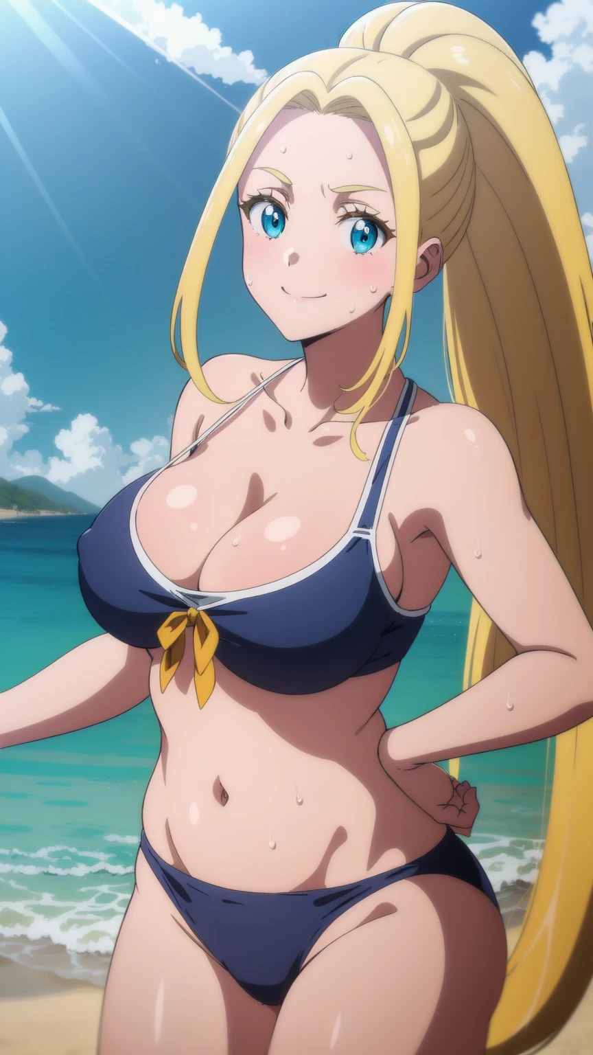 beatrixamerhauser, beatrix amerhauser, long hair, blue eyes, blonde hair, ponytail,looking at the viewer, Smile,blue theme, blue background, cloudy sky, sunlight, sweat, orgasmic, bikini swimsuit, large breasts, cleavage, belly button exposed, collarbone, thighs, sea and beach,