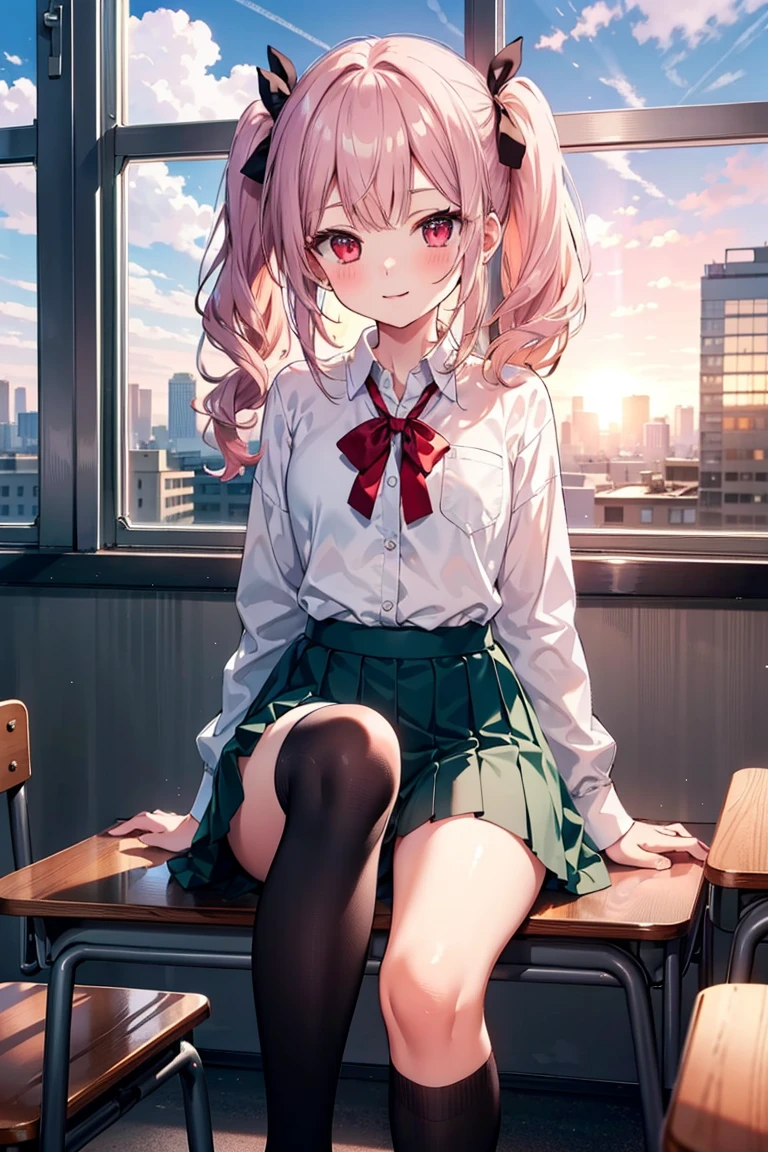 (masterpiece), (Highest quality), (figure), (Beautiful details), (High resolution), One girl, alone, View your viewers,
Sitting, 
sunset, (school uniform), 
Long Hair, Red eyes, Low twin tails,
ribbon, White shirt, (green) skirt, Black knee socks, 
smile, blush,
indoor, window, [building], classroom, table, Chair, (coffee:0.5)