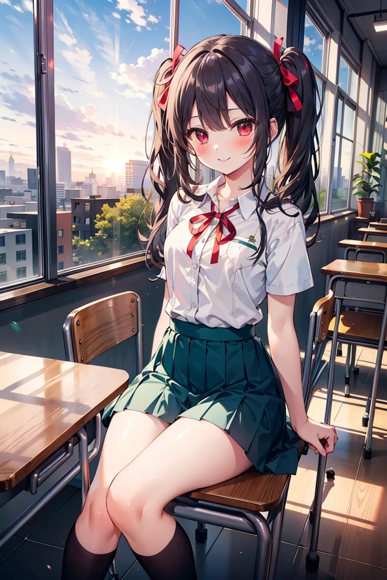 (masterpiece), (Highest quality), (figure), (Beautiful details), (High resolution), One girl, alone, View your viewers,
Sitting, 
sunset, (school uniform), 
Long Hair, Red eyes, Low twin tails,
ribbon, White shirt, (green) skirt, Black knee socks, 
smile, blush,
indoor, window, [building], classroom, table, Chair, (coffee:0.5)