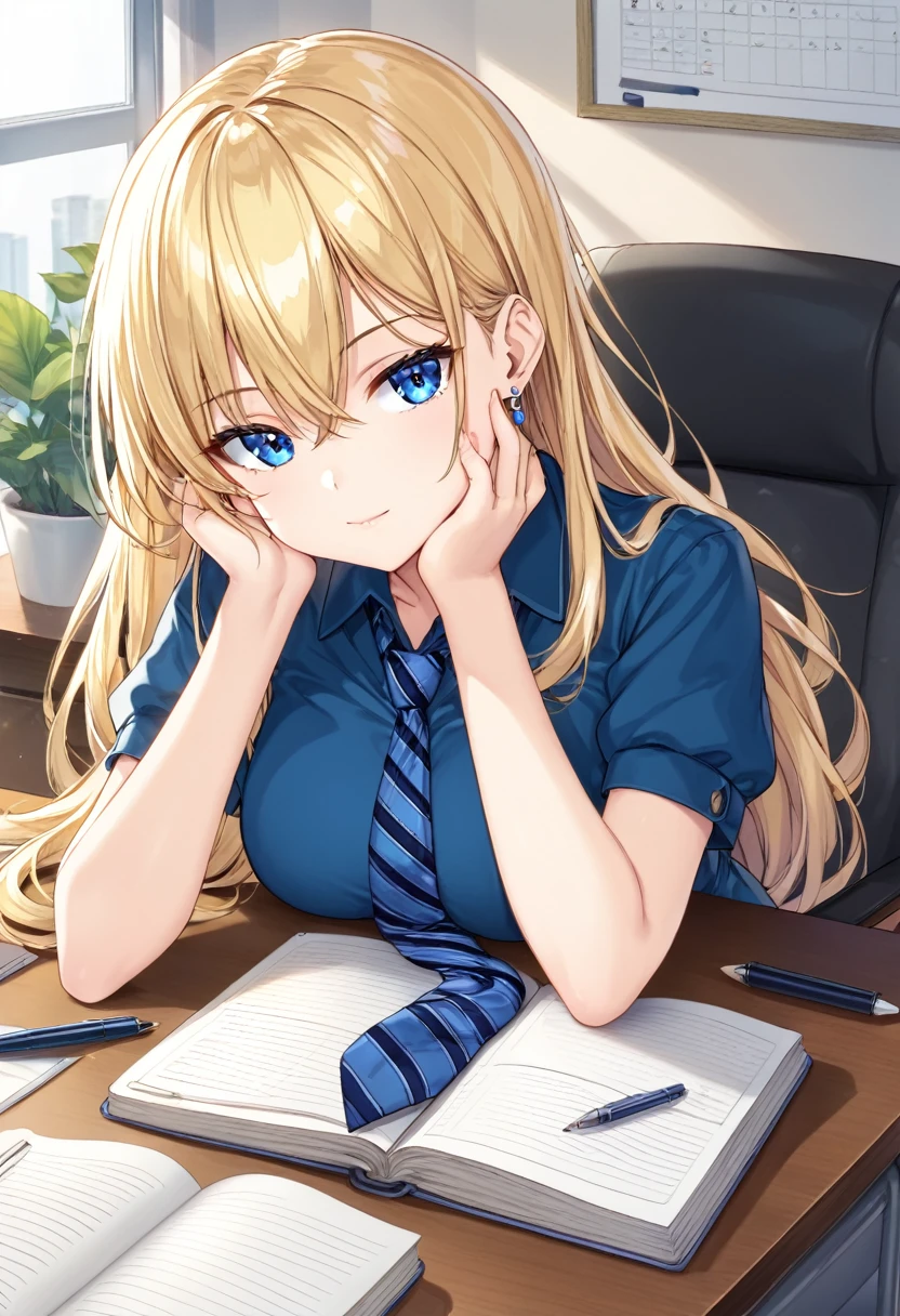 1girl, solo, long hair, breasts, looking at viewer, bangs, blue eyes, blonde hair, shirt, holding, hair between eyes, jewelry, sitting, closed mouth, , jacket, short sleeves, earrings, necktie, collared shirt, indoors, book, blue shirt, hand on own face, desk, head rest, blue necktie, hand on own cheek, pen, striped necktie, notebook, holding pen