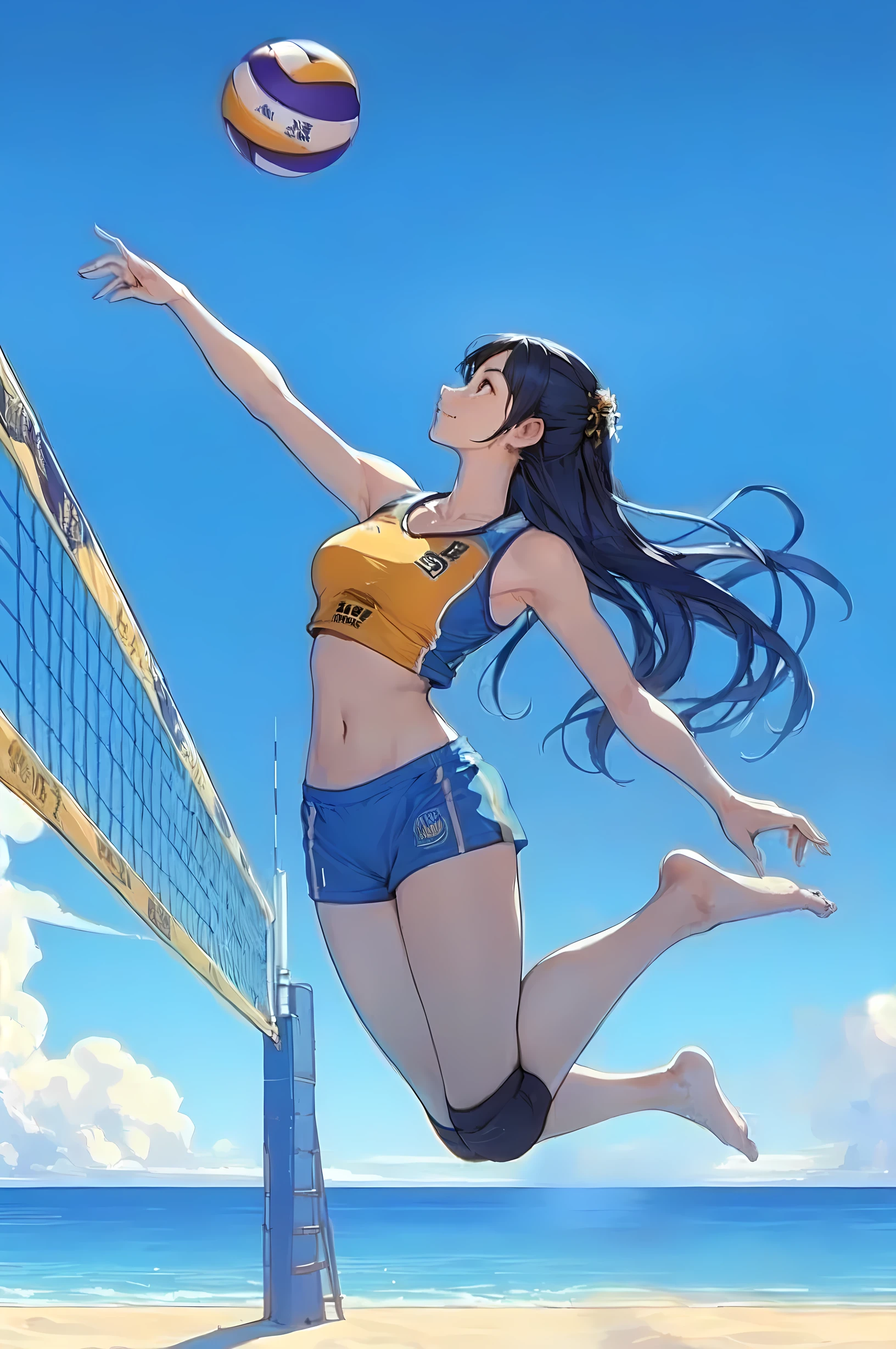 1lady solo, (jumping high) (right next to net), (looking up at ball), (swinging one arm to hit ball) spiking, (dynamic posing), (beach volleyball player), (uniform with company logo) cropped top, (mature female:0.8), /(black hair/) bangs, light smile, (teeth:0.8), (masterpiece best quality:1.2) delicate illustration ultra-detailed, medium breasts, (muscle:0.6) BREAK (sandy beach) outdoors, (beach volleyball court), (player's footprints), flying sand, blue sky, detailed background