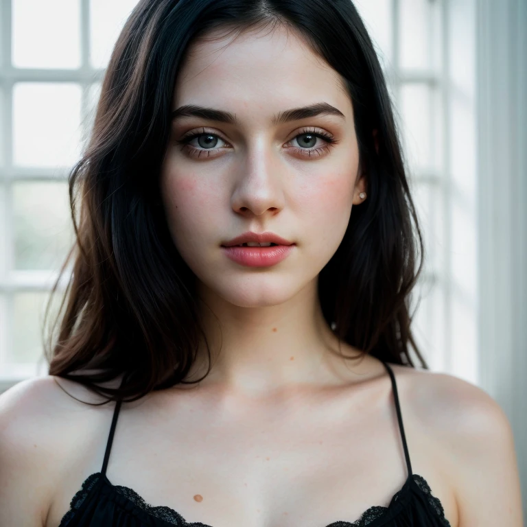 beautiful girl with realistic black eyes, pale skin, mid-length black hair, cum on perfect face, perfect eyes, wearing sheet sundress, highly detailed, comprehensive cinematic, digital painting, 8k, cinematic lighting, best quality, highres, detailed work, post-processing, perfect result, hyper realistic