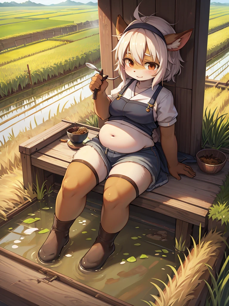 Fertility Goddess , Disheveled Farm work clothes , Original Japanese Landscape , Rice Field , Spreading compost with a ladle