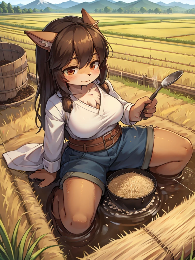 Fertility Goddess , Disheveled Farm work clothes , Original Japanese Landscape , Rice Field , Spreading compost with a ladle