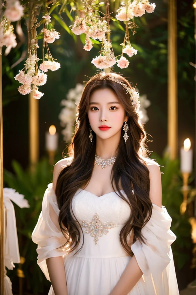 Generate an image of an extraordinarily beautiful 20-year-old Asian woman standing alone, whose beauty rivals that of a goddess of the fire element. She has large brown eyes, dark brown hair, glowing skin, and a captivating appearance. She is wearing a stunning white wedding dress that accentuates her elegance. The woman stands charmingly alone, her beauty appearing as if blessed by nature, in a very romantic and lovely aisle adorned with flowers and soft lighting, exuding a magical and serene atmosphere.