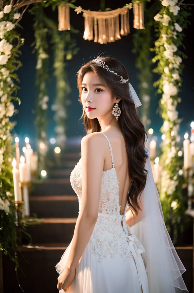 Generate an image of an extraordinarily beautiful 20-year-old Asian woman standing alone, whose beauty rivals that of a goddess of the fire element. She has large brown eyes, dark brown hair, glowing skin, and a captivating appearance. She is wearing a stunning white wedding dress that accentuates her elegance. The woman stands charmingly alone, her beauty appearing as if blessed by nature, in a very romantic and lovely aisle adorned with flowers and soft lighting, exuding a magical and serene atmosphere.