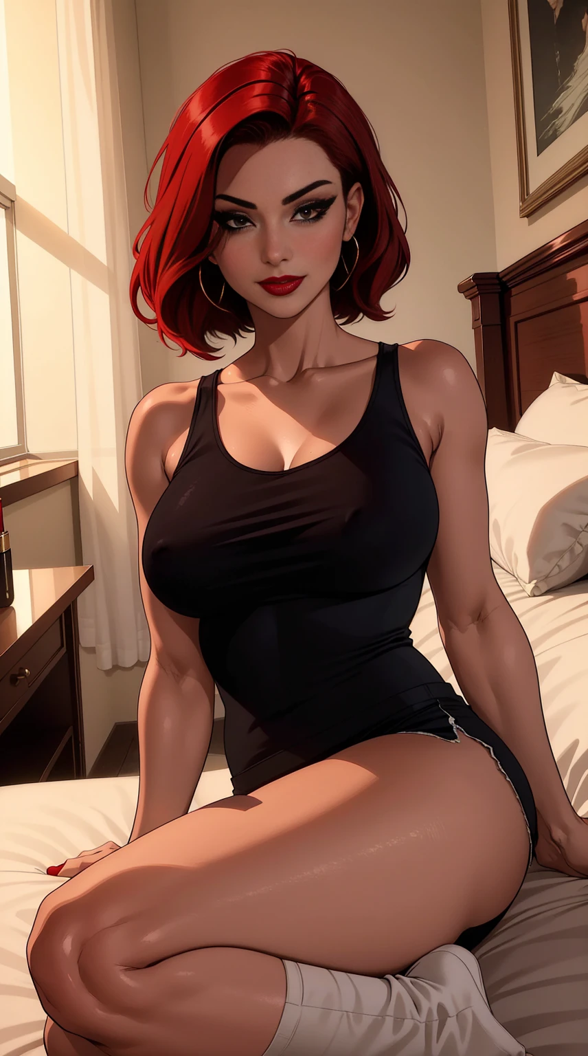 woman 30 years old, bob cut red hair, (The best quality, Masterpiece: 1.1), (fidelity: 1.4), (SFW: 1.5),(hotel bedroom, with tableright lip gloss, red lipstick, many eyelashes, dark black eyeshadow), lascivious look, lascivious smile, Ruboroso, high quality, High resolution, whole body, Beautiful skin, lascivious body,  lying in bed,  looking at the viewer, wearing tank top, shorts, knee socks