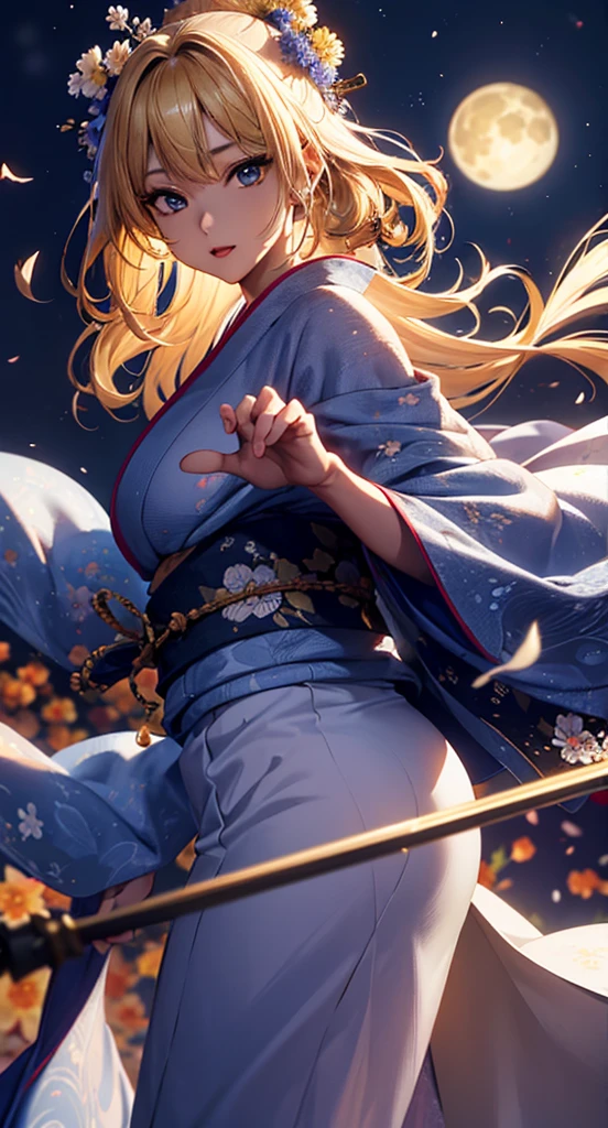 masterpiece, high quality, 4K, Beautiful design, silhouette，blonde， 非常に詳細な夜のStarry Sky,Flower Field， wonderful, Finer details,  Very knowledgeable woman, Highly detailed solo, 1 female,Big Breasts，Big Ass，Underwear Line，Yukata in white color，Night view，Starry Sky，full moon，