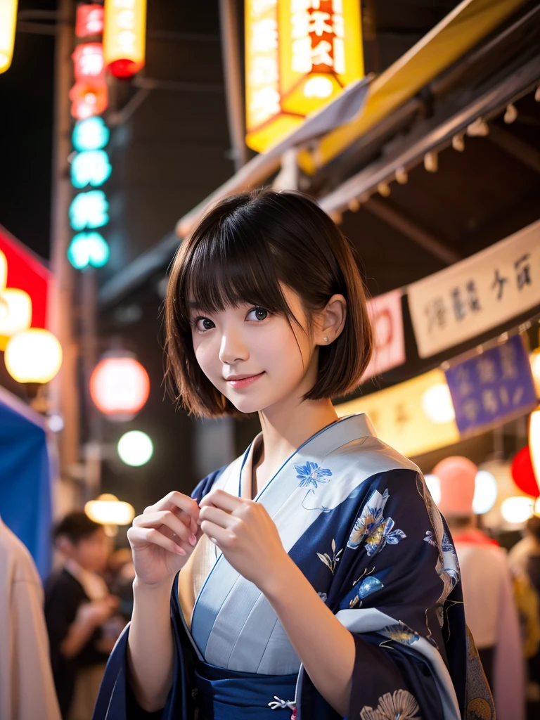 Image quality:best quality
Camera Focus: blur background
light:Side light
composition:Rule of ThirdsPeople:20 years old woman,Japanese,actress
pose: walking background: stall、festival、night
hairdo: Short Bob、With bangs
Dress:Kimono Expression: happy