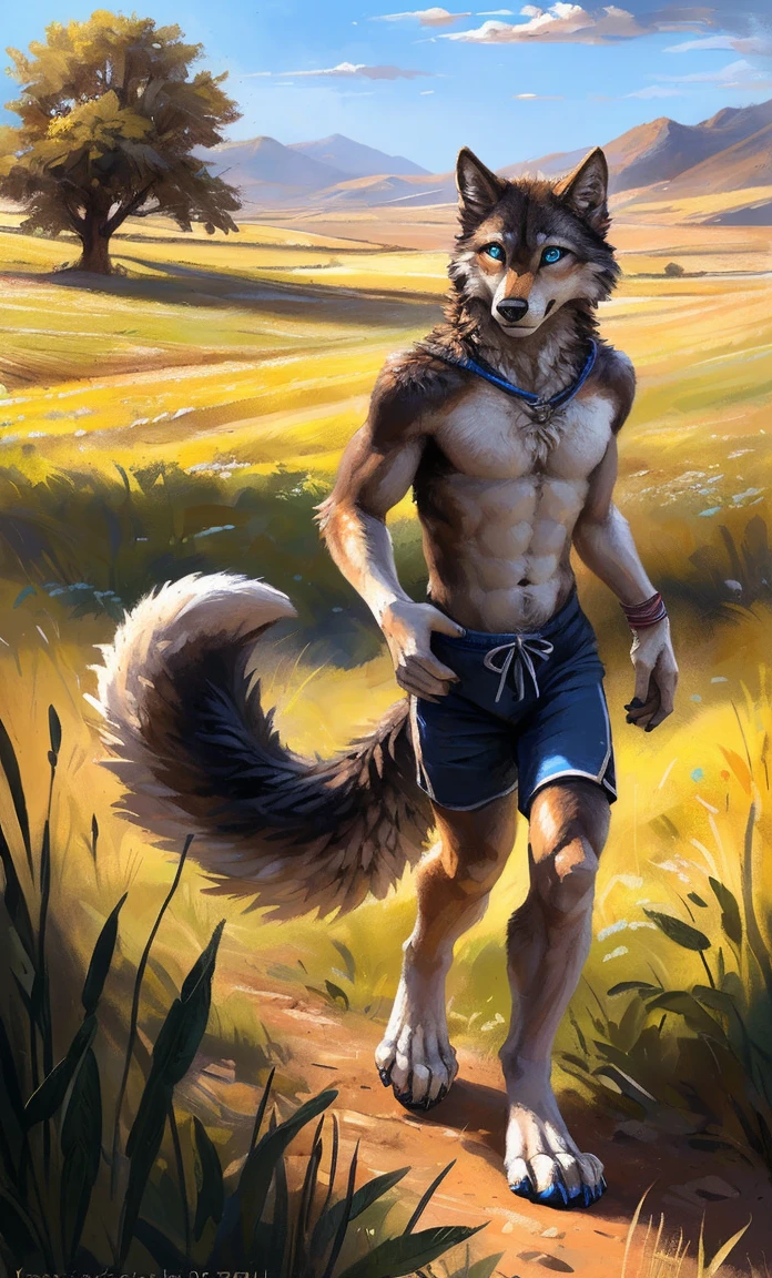 ((Solo)), male people, anthro wolf, (Multi-colored fur, White-brown:1.3,White tail pointed), (Height 2.1m,Tail length 1.2m), ((Wolf face, Big eyes, White eyelids, Blue pupil, Slim:1.2) (Tough, Calm expression:1.2)), Abs, Slim, pinging)), (Correct anatomy), (Work shorts:1.1), The upper body naked, (detailed outfits),A long big tail,Feet,(Realistic fur, Detailed fur texture, labeled:1.3)), (Natural lighting), Photorealistic, Hyperrealistic, ultradetailed, by Kenket,Field,erect through,Running on