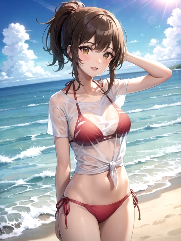 ((Highest quality)), ((masterpiece)), (detailed), Perfect Face, Perfect Arms, Perfect hands, anime, Ultra-fine illustration, ((1 person)), Girls, Larger breasts, Brown Hair, Hair tied up, (See-through shirt), Red bikini underneath, {(summer), (Ocean)}, (Are standing), Outdoor, Cowboy Shot,