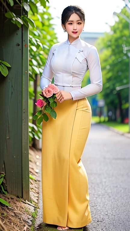 a beautiful girl in vintage colors aodai , masterpiece, best quality, realistic:1.3, street, holding bundle of flowers, yellow dress, sunlight, backlighting, artstation, intricate details, vignettThe owner of an attractive body outline and high hips3d 4k