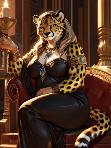 Cheetah with golden yellow fur and black accents, a bitone configuration, highlighted by white chest fur. The figure boasts piercing silver eyes with realistic, detailed renditions. This anthro cheetah is posted on e621, showcasing a furry and obese body, enhanced by correct anatomy and an impressive, photorealistic fur texture.
Female cheetah, fat, fat belly, fat thighs, fat arms, lovehandles, big breasts, silver eyes, golden yellow fur, black cheetah markings, black dress, silver earrings, silver bracelets, silver rings, silver necklaces,
The cheetah dons a black dress, embodying a solo, adult, feminine figure. His large, fat physique stands proud, with claws prominently displayed on her hands. The cheetah sits upon a throne. 