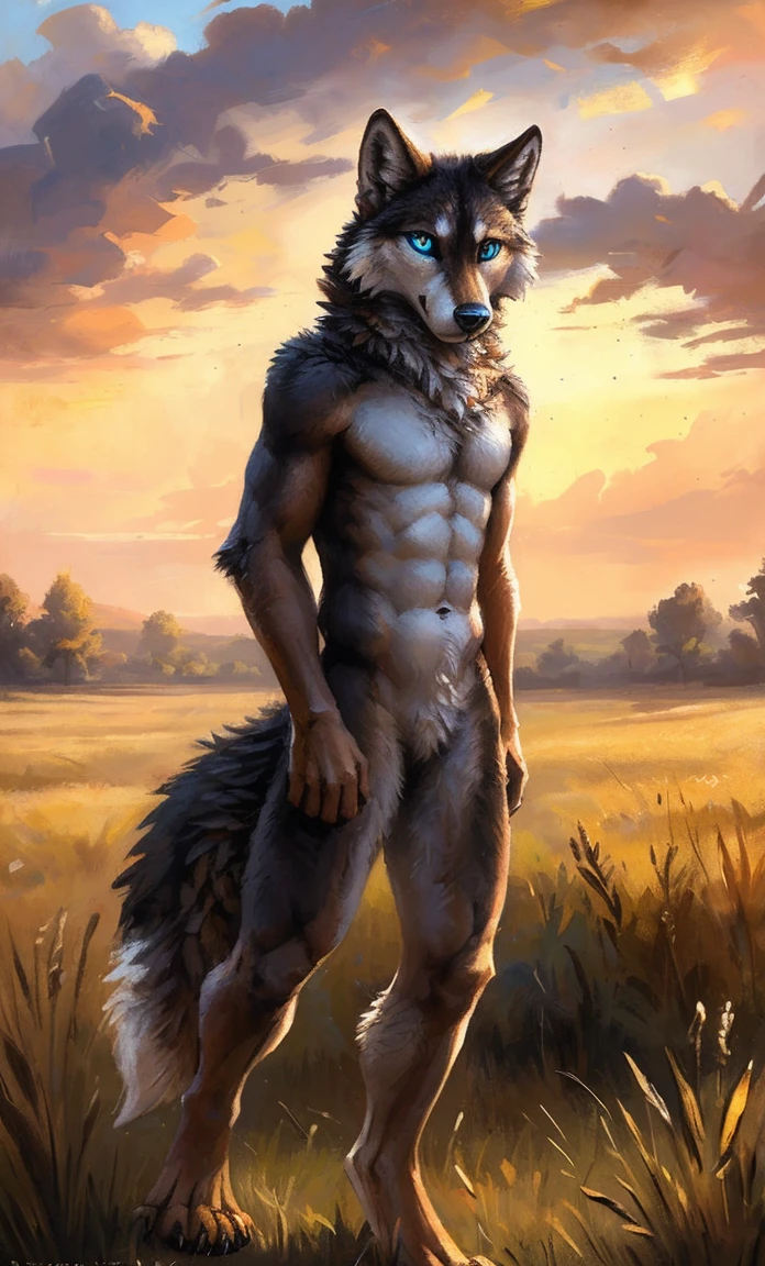 ((Solo)), male people, anthro wolf, (Multi-colored fur, White-brown:1.3,White tail pointed), (Height 2.1m,Tail length 1.5m), ((Wolf face, Big eyes, White eyelids, Blue pupil, Slim:1.2) (Tough, Calm expression:1.2)), Abs, Slim, pinging)), (Correct anatomy), Naked all over the body,A long big tail,Feet,(Realistic fur, Detailed fur texture, labeled:1.3)), (Natural lighting), Photorealistic, Hyperrealistic, ultradetailed, by Kenket,Field,No artifacts