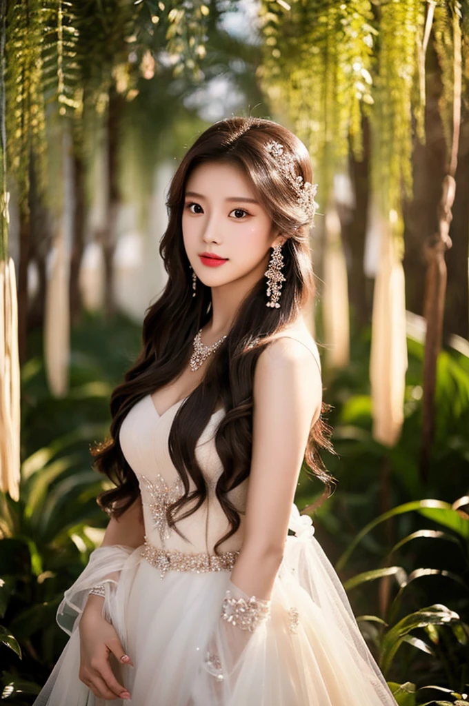 Generate an image of an extraordinarily beautiful 20-year-old Asian woman standing alone, whose beauty rivals that of a goddess of the fire element. She has large brown eyes, dark brown hair, glowing skin, and a captivating appearance. She is wearing a stunning white wedding dress that accentuates her elegance. The woman stands charmingly alone, her beauty appearing as if blessed by nature, in a very romantic and lovely aisle adorned with flowers and soft lighting, exuding a magical and serene atmosphere.
