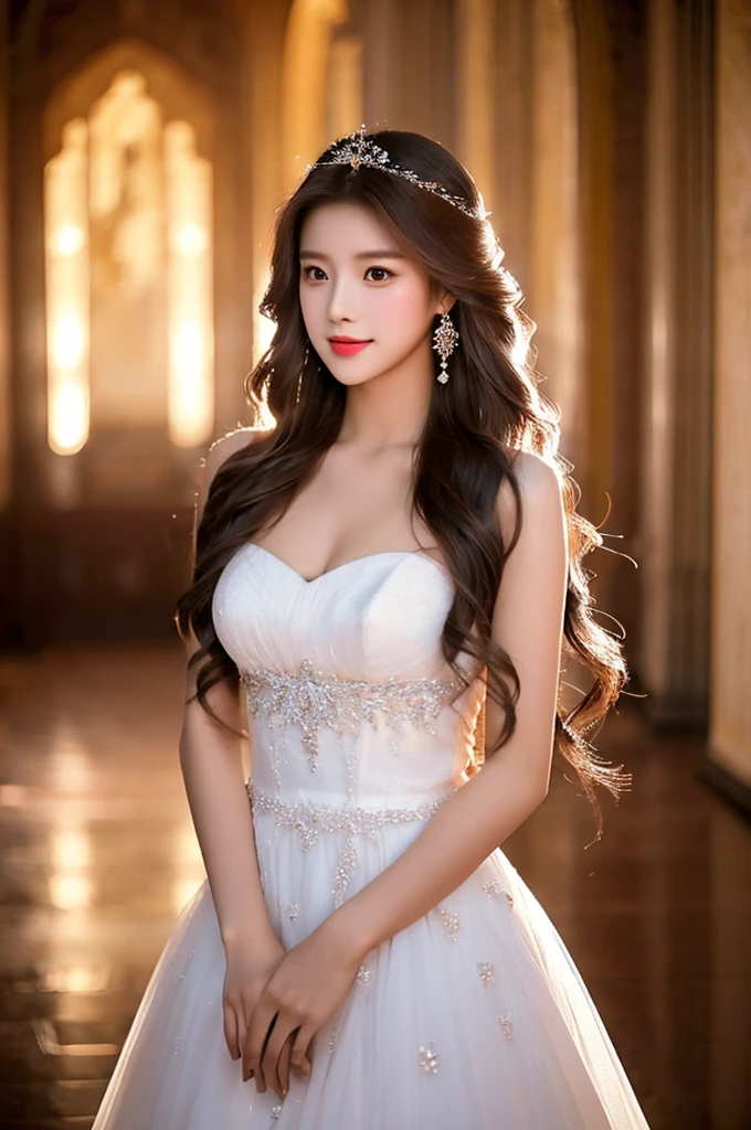 Generate an image of an extraordinarily beautiful 20-year-old Asian woman standing alone, whose beauty rivals that of a goddess of the fire element. She has large brown eyes, dark brown hair, glowing skin, and a captivating appearance. She is wearing a stunning white wedding dress that accentuates her elegance. The woman stands charmingly alone, her beauty appearing as if blessed by nature, in a very romantic and lovely aisle adorned with flowers and soft lighting, exuding a magical and serene atmosphere.