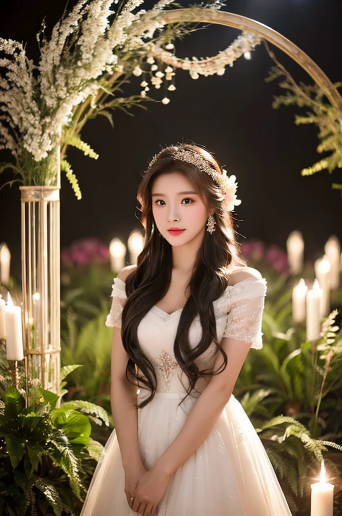 Generate an image of an extraordinarily beautiful 20-year-old Asian woman standing alone, whose beauty rivals that of a goddess of the fire element. She has large brown eyes, dark brown hair, glowing skin, and a captivating appearance. She is wearing a stunning white wedding dress that accentuates her elegance. The woman stands charmingly alone, her beauty appearing as if blessed by nature, in a very romantic and lovely aisle adorned with flowers and soft lighting, exuding a magical and serene atmosphere.