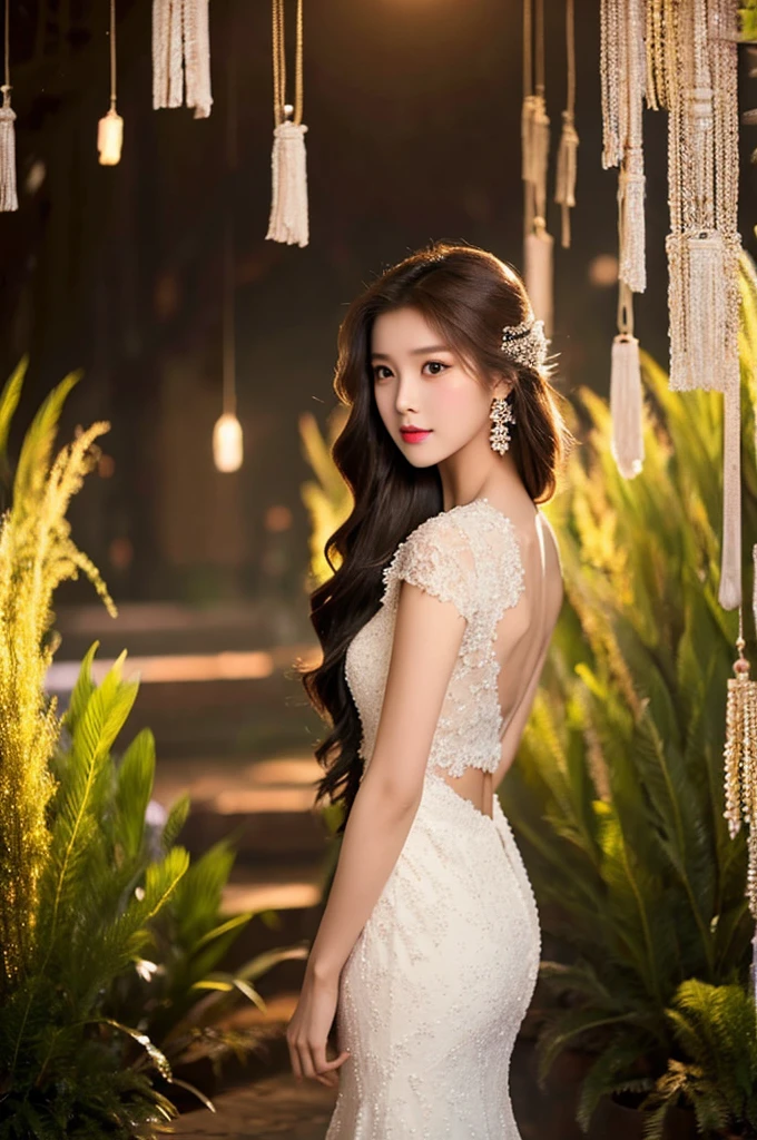 Generate an image of an extraordinarily beautiful 20-year-old Asian woman standing alone, whose beauty rivals that of a goddess of the fire element. She has large brown eyes, dark brown hair, glowing skin, and a captivating appearance. She is wearing a stunning white wedding dress that accentuates her elegance. The woman stands charmingly alone, her beauty appearing as if blessed by nature, in a very romantic and lovely aisle adorned with flowers and soft lighting, exuding a magical and serene atmosphere.