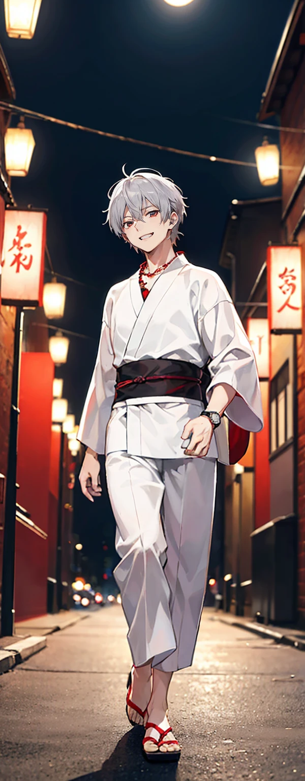 High resolution, High resolution,2D Anime Style,,Cool guy,Mature,,20th generation,short hair,Silver Hair,Red eyes,Beautiful Watches,Beautiful earrings,Beautiful Necklace,Cool Yukata,He is laughing a little,night,walking,festival