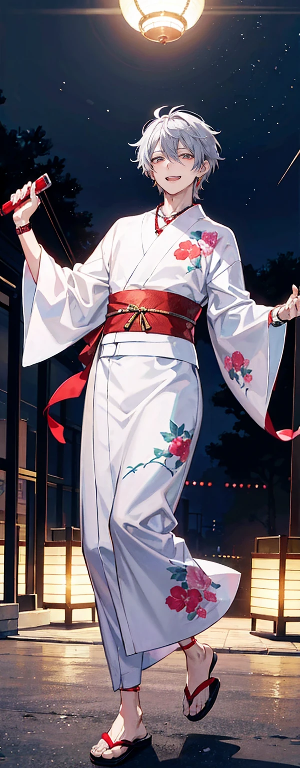 High resolution, High resolution,2D Anime Style,,Cool guy,Mature,,20th generation,short hair,Silver Hair,Red eyes,Beautiful Watches,Beautiful earrings,Beautiful Necklace,Cool Yukata,He is laughing a little,night,walking,festival