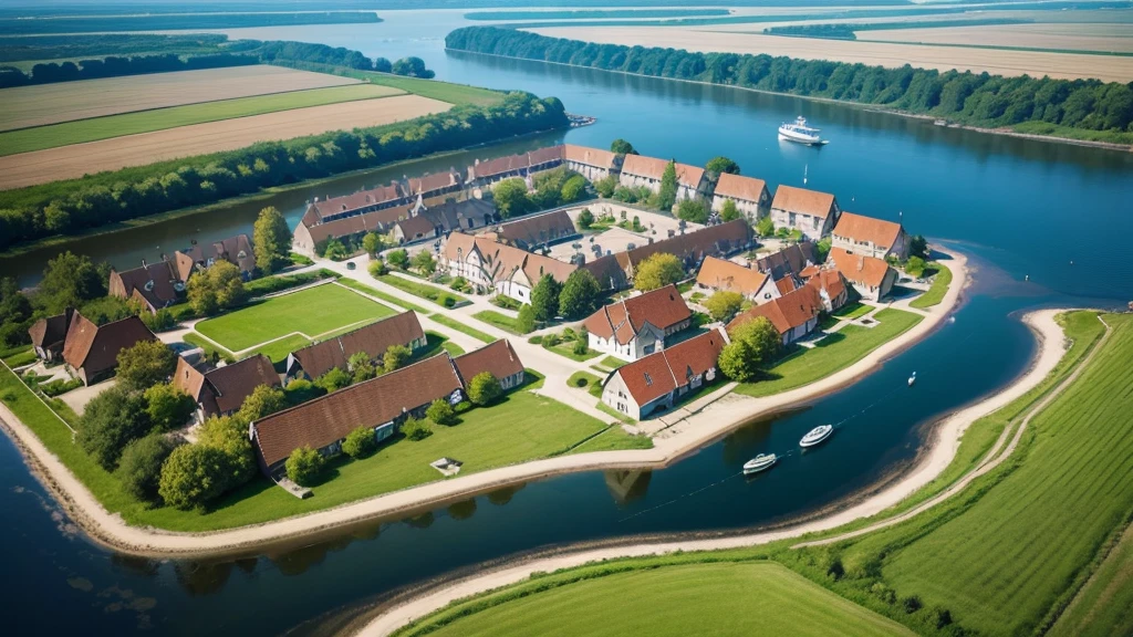 Beautiful scenery of ancient Dutch village. Aerial view, Photorealistic photos. High definition