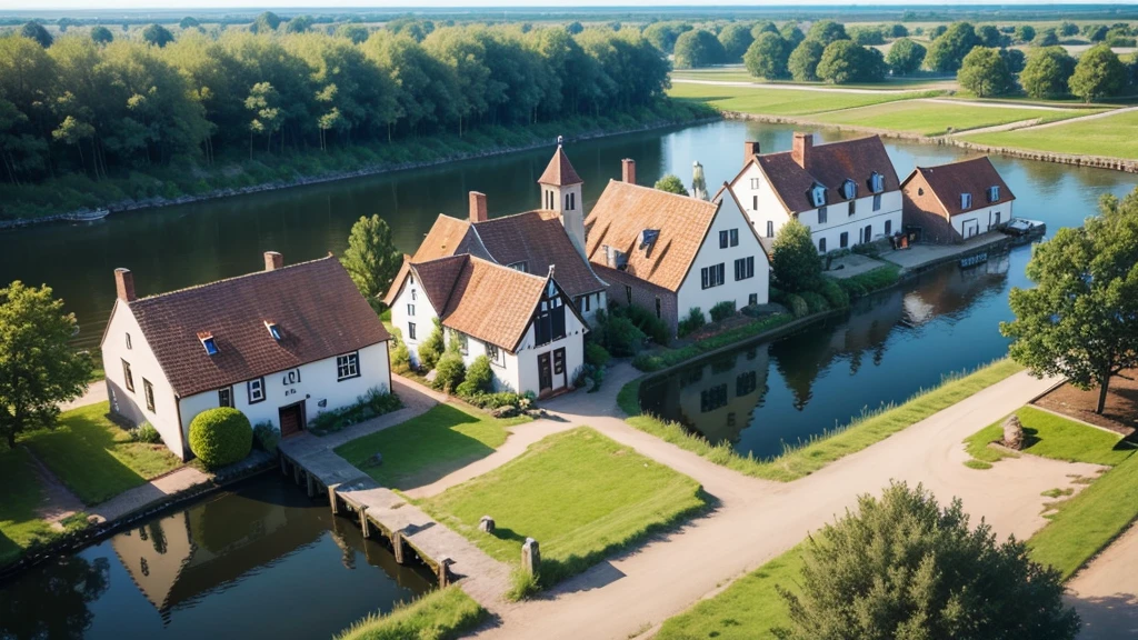 Beautiful scenery of ancient Dutch village. Aerial view, Photorealistic photos. High definition