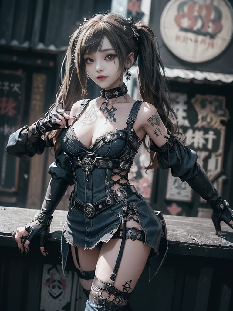 (Smiling with teeth showing:1.3),(Shibuya Gal:1.5)、(Prostitute:1.3)、(Gothic ta style fashion:1.5)、(Punk RockVisual Kei:1.4)、(Denim and black and white medieval noble mini skirt dress:1.5)、(Denim with black and white medieval gloves and bustier:1.5)、(Denim high heels:1.3)、(Wearing silver accessories:1.5)、(Denim collar:1.4)、(Black Leather Garter Belt:1.4)、(Brown Skin Belt:1.3)、(Black lace underwear:1.5)、20-year-old、NSFW、((Highest quality、In 8K、masterpiece:1.3))、Sharp focus:1.2、(Layered Cut、Huge boobs:1.1),Beautiful woman with perfect figure:1.4、(Dancing vigorously:1.3)、Slender Abs:1.2、Highly detailed face and skin texture、Detailed eyes、double eyelid,(Twin tails:1.3)、(Brown-golden hair:1.3)、Gravure idol、(The background is the Takarazuka Revue stage.:1.3)、(Slim body:1.2),(Make your legs thinner:1.4),（clavicle:1.1）